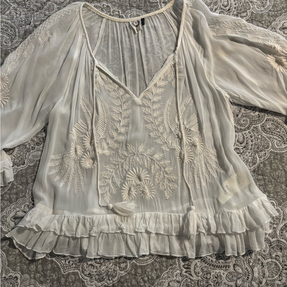 Anthropologie Cream Embroidered Blouse